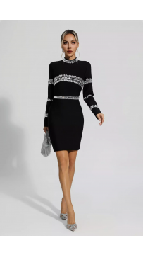 Black Diamond Embellished Long Sleeve Mini Dress