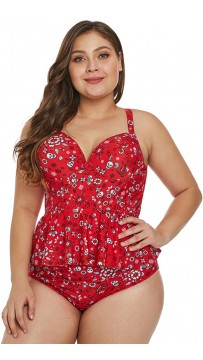 Plus-Size XXL Red Flower Split Swimsuit