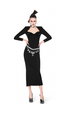 Crystal Embellished Long Sleeve Black Midi Bandage Dress