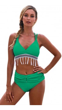 Sexy Bikini Solid Color Fringed High-Waisted Beach Swimsuit