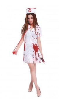 Halloween Bloody Short Sleeve Halloween Nurse Costume White
