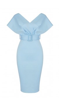 Simple Off Shoulder V-Neck Sky Blue Bandage Dress