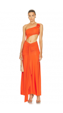 One-Shoulder Hollow Belly-Exposing Orange Maxi Evening Dress