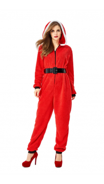Fancy Party Homewear Adult Coral Velvet Christmas Jumpsuit Costume