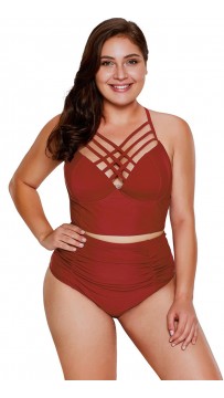 Plus Size Solid Color Sexy High-Waisted Halter Bikini