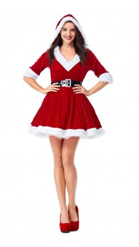 Christmas Costume Velvet Red V-neck Bubble Hooded Dress