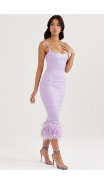 Elegant Lilac Feather Hem Midi Dress