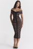 Black & Nude Striped Off-Shoulder Midi Bodycon Dress