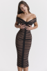 Black & Nude Striped Off-Shoulder Midi Bodycon Dress